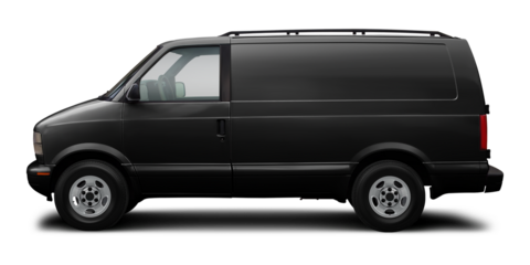 Small passenger classic minibus in black color, isolated on a white background.