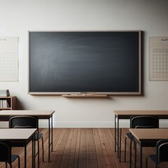 Empty blackboard sits in front of a classroom of chairs
