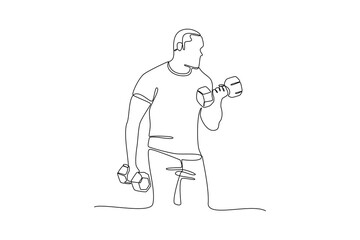 Single continuous line drawing of man training his muscles by lifting dumbbells. Fitness stretching concept. Trendy one line draw design vector illustration