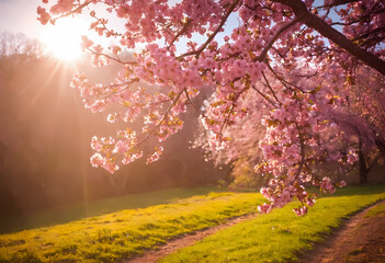 Naklejka premium Background art with pink dice. Beautiful natural scenery blooming and sun glow