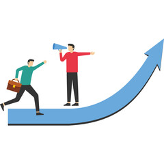 Business guide to move towards true success, helping or instructing concept, leadership to tell the way of solutions, support, businessman with megaphone telling colleagues to walk on the right path.
