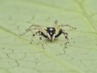Jumping spider on the leaf seen from the front