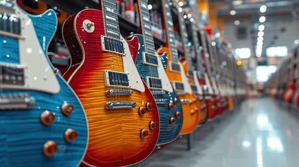 Photo sur Aluminium Magasin de musique A row of different electric guitars hanging in a music store