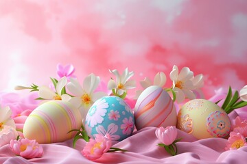 Fototapeta na wymiar Illustration with Easter eggs decorated with flowers. Volumetric model. Holiday greeting card. Generated ai.