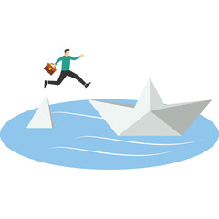 Running away from risk or danger, changing jobs or moving to a new better workplace concept, running away from failure, frustrated businessman jumping to escape from a sinking ship to a better place.