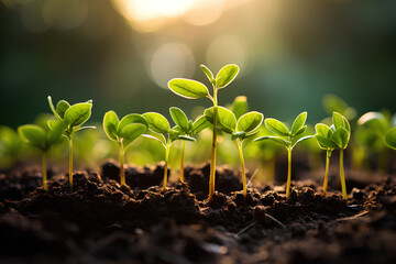 Close-up photo of seedlings at surface level represent new beginnings, life force, abundance and sustainability. It can be used in advertising, communication, education or decoration up to creativity.