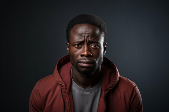 African man out of energy, bad news, disapproving expression on face. Social issues hunger and suffer concept. Sad tired African-American male man wearing hoodie on black studio isolated background