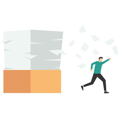 Overworked or overworked, panic attack or shock, stressed and tired from problems and troubles, tired and anxious, exhausted and depression concept, a scared businessman running from documents.