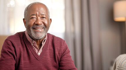 Fototapeta premium Close-up of an elderly man with a thoughtful expression in a comfortable home setting, embodying wisdom and life experience.