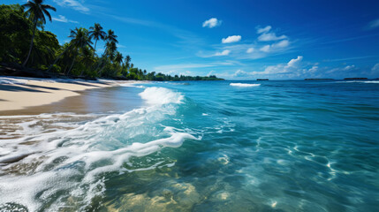 Photo of a beautiful beach with white sand and turquoise sea waves on a sandy beach. Tropical background. Generative AI