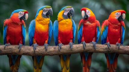 Colorful Macaws: Vibrant and exotic macaws perched on a branch, displaying their colorful plumage