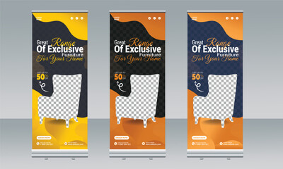 Furniture Roll Up Banner Template. Stand banner layout, advertisement, pull up, infographics, vector illustration.