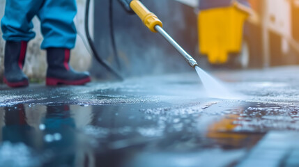 Fototapeta premium Deep cleaning under high pressure. Workers cleaning driveway with pressure washer, professional cleaning service