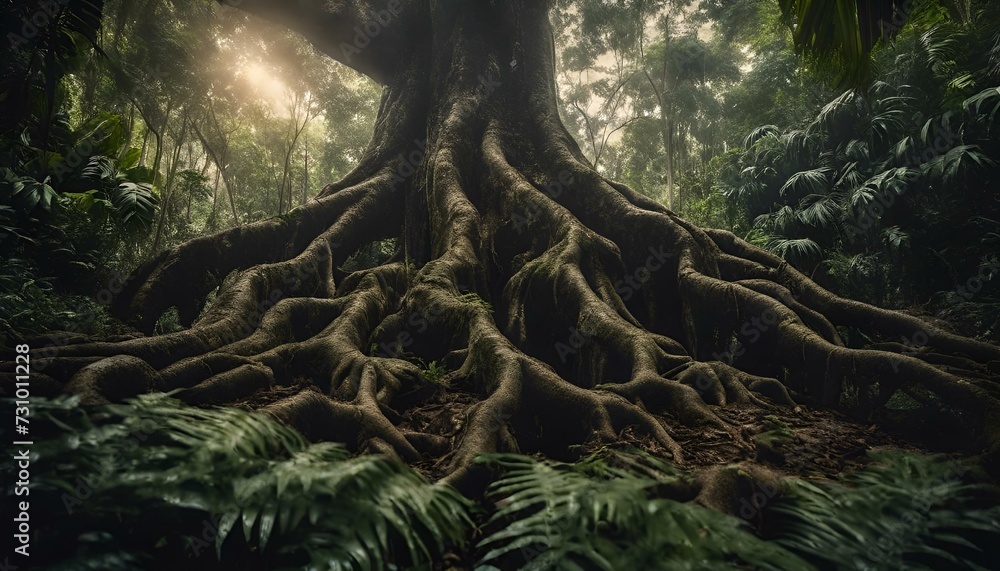 Canvas Prints AI-generated illustration of the roots of a massive tree spreading in a lush forest