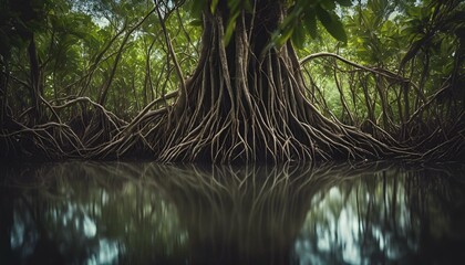 AI-generated illustration of tree root growing over water's edge