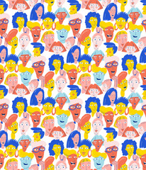 Vibrant Cartoon Faces Collage in Pop Art Style. Diverse Faces Seamless Pattern in Bold vibrant Colors