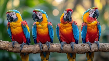 Colorful Macaws: Vibrant and exotic macaws perched on a branch, displaying their colorful plumage