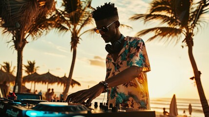 Trendy African American DJ with a stylish hairstyle spins tunes at a beach party, plays music in a resort hotel at sunset. Seaside vibes, palm trees, relaxed atmosphere, Hawaiian shirt