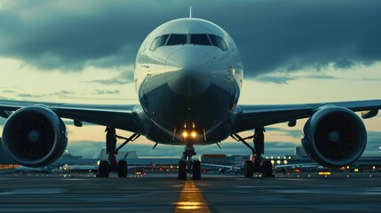 Passenger plane front shot, scene above the ground, front angle photo, industrial angle. - obrazy, fototapety, plakaty