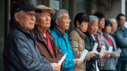 People wait in line outside a tax office holding tax document