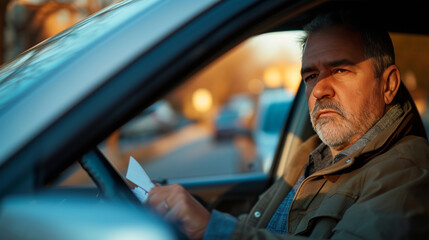 a middle aged man sitting in his car reading a piece of paper during the evening