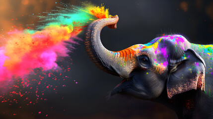 Majestic elephant is throwing colored powder from his trunk - Format 16:9