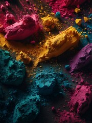 colorful powder dust splashes, artistic high fashion photography, makeup brush with powder explosion