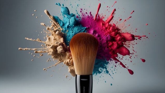 colorful powder dust splashes, artistic high fashion photography, makeup brush with powder explosion