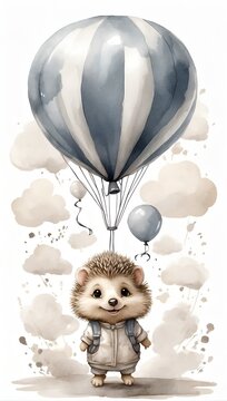 flying mouse with balloons, ink wash painting, watercolor painting, poster, baby room wall
