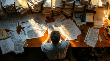 man do tax paperwork with stacks of documents calculating personal income tax - obrazy, fototapety, plakaty
