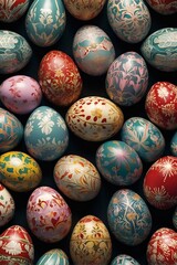 Fototapeta na wymiar Pisanky on a wooden table. Easter eggs on a wooden table. Painted eggs for Easter holidays.