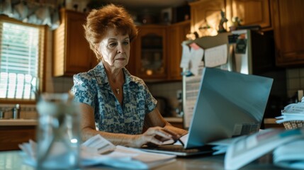 Old woman doing taxes on laptop in a kitchen with document on table - obrazy, fototapety, plakaty