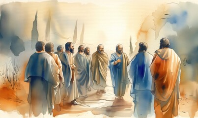 The twelve chosen, disciples. Biblical. Christian religious watercolor Illustration - obrazy, fototapety, plakaty