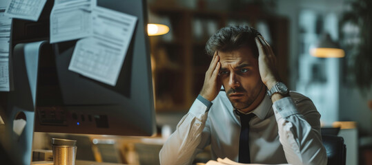 stress businessman staring at a computer screen managing tax documents