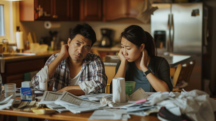 Tax problem Asia couple sitting at kitchen table with letters from the IRS tax forms