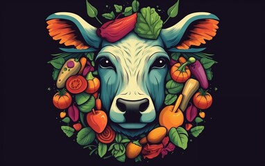 Cow Surrounded by Vegetables and Fruits