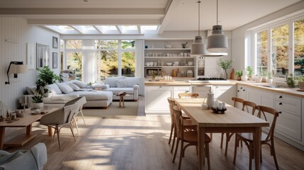 A cozy house with a white corner kitchen and dining area in an open space.