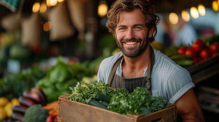 Close-up portrait young man farmer holding wooden box with fresh vegetables, sell products at the market or shop