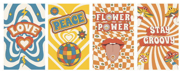 Groovy posterss. Set of posters in trendy retro trippy style. Hippie 60s, 70s style.