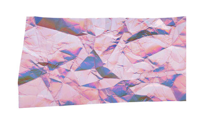 Iridescent holographic crumpled paper with folds texture cut out on transparent background