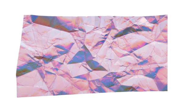 Iridescent holographic crumpled paper with folds texture cut out on transparent background