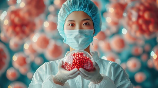 Medical Worker Asian Young Girl, Wearing A Medical Mask And Gloves, Holds Vitamins In Capsules, World Health Day