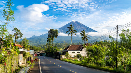 Beautiful scene of Semeru volcano and local road. East Java, Indonesia