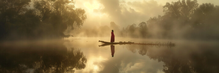 Lone figure on a canoe in misty waters at dawn. - obrazy, fototapety, plakaty