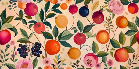  Vibrant hand-painted floral and fruit seamless pattern with colorful blooms and ripe oranges, plums, and peaches on a bright background. Botanical wallpaper.