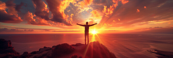 Person with open arms facing a magnificent ocean sunset, feeling of freedom and joy.