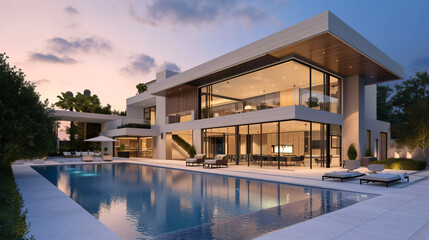 Impressive Modern Mansion with Pool at Dusk.