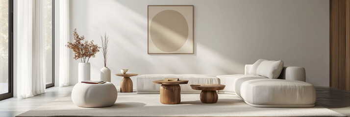 Spacious and bright modern living room with elegant furniture and decorative vases by large windows.