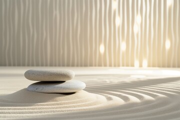 Fototapeta na wymiar Stacked Stones on Zen Garden Podium, Soft Light Meditation Space