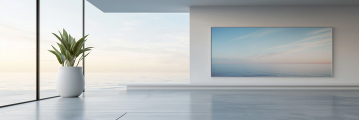 Minimalist interior design with a potted plant and ocean view artwork in a serene living space.